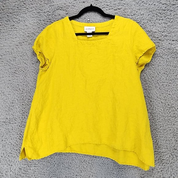 Peck & Peck Top Womens Large Yellow Linen Short Sleeve Blouse - Picture 1 of 8